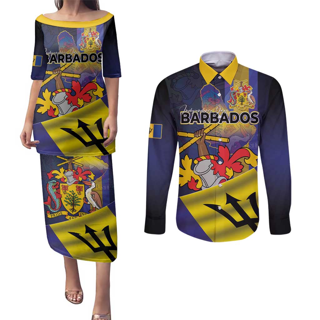 Barbados Independence Day Couples Matching Puletasi and Long Sleeve Button Shirt Coat of Arms with Freedom Emblems - Wonder Print Shop