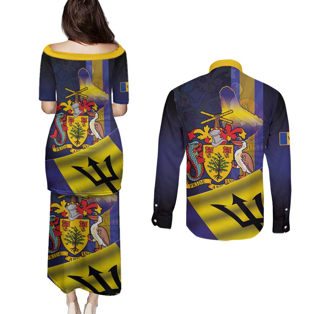 Barbados Independence Day Couples Matching Puletasi and Long Sleeve Button Shirt Coat of Arms with Freedom Emblems - Wonder Print Shop