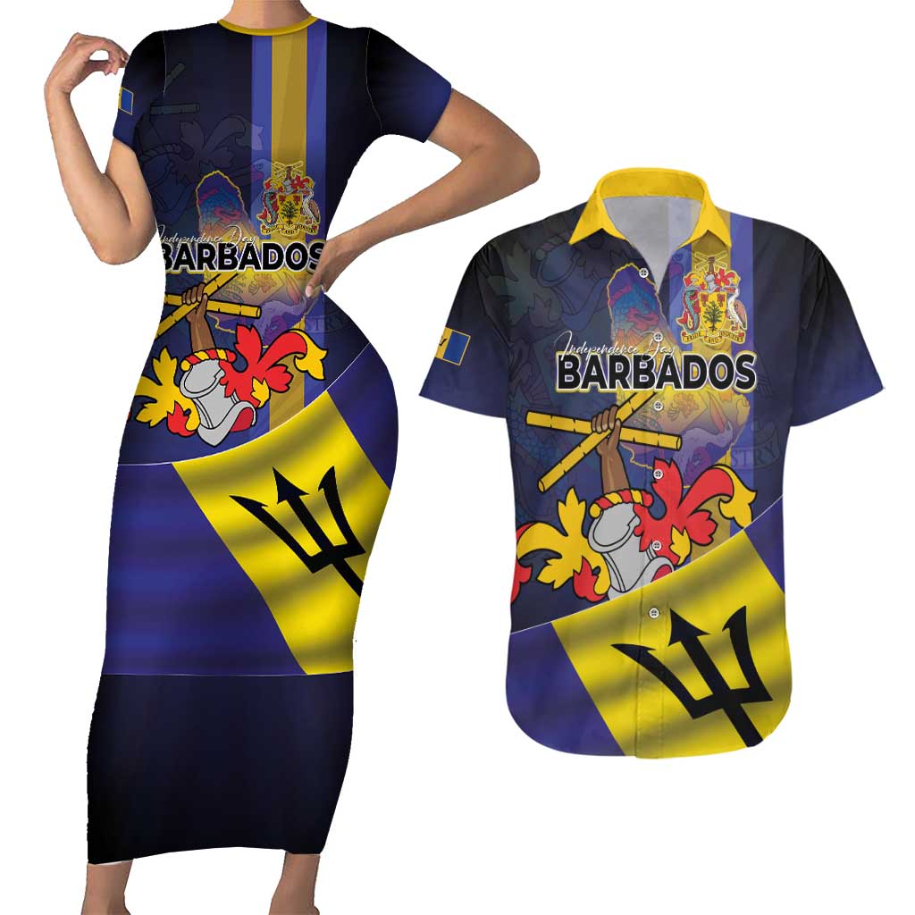 Barbados Independence Day Couples Matching Short Sleeve Bodycon Dress and Hawaiian Shirt Coat of Arms with Freedom Emblems - Wonder Print Shop