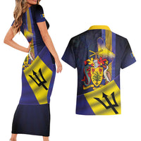 Barbados Independence Day Couples Matching Short Sleeve Bodycon Dress and Hawaiian Shirt Coat of Arms with Freedom Emblems - Wonder Print Shop