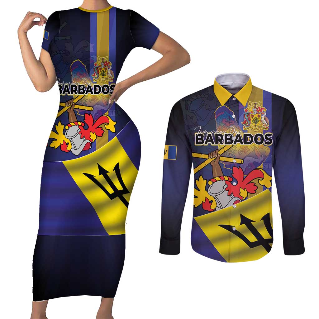 Barbados Independence Day Couples Matching Short Sleeve Bodycon Dress and Long Sleeve Button Shirt Coat of Arms with Freedom Emblems - Wonder Print Shop