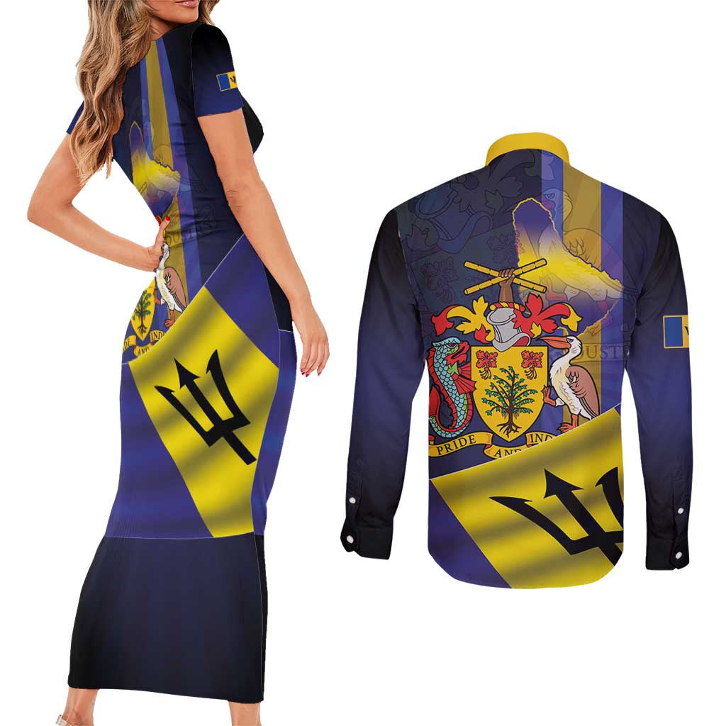 Barbados Independence Day Couples Matching Short Sleeve Bodycon Dress and Long Sleeve Button Shirt Coat of Arms with Freedom Emblems - Wonder Print Shop