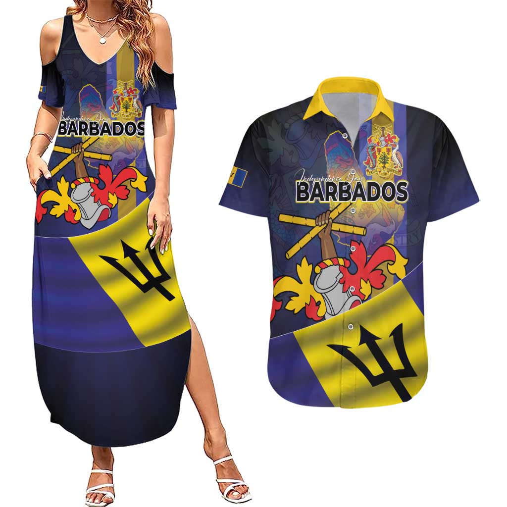 Barbados Independence Day Couples Matching Summer Maxi Dress and Hawaiian Shirt Coat of Arms with Freedom Emblems - Wonder Print Shop
