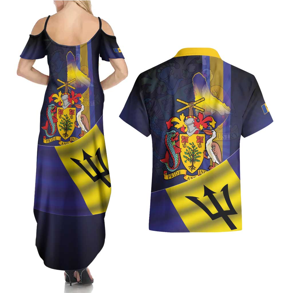 Barbados Independence Day Couples Matching Summer Maxi Dress and Hawaiian Shirt Coat of Arms with Freedom Emblems - Wonder Print Shop