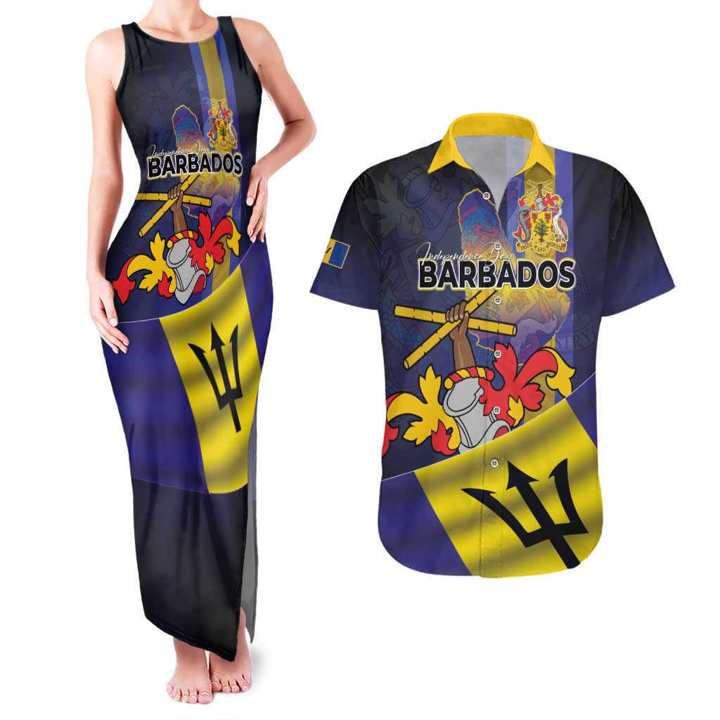 Barbados Independence Day Couples Matching Tank Maxi Dress and Hawaiian Shirt Coat of Arms with Freedom Emblems - Wonder Print Shop