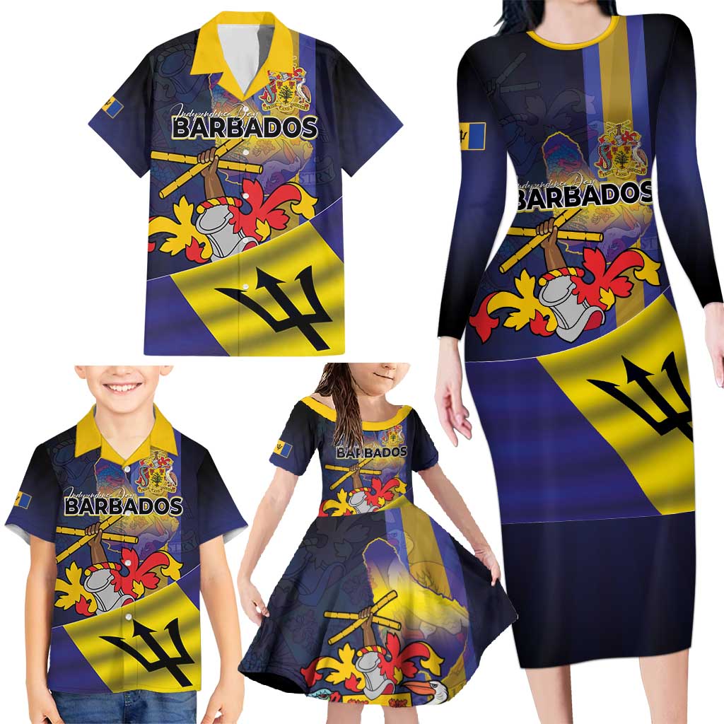 Barbados Independence Day Family Matching Long Sleeve Bodycon Dress and Hawaiian Shirt Coat of Arms with Freedom Emblems - Wonder Print Shop