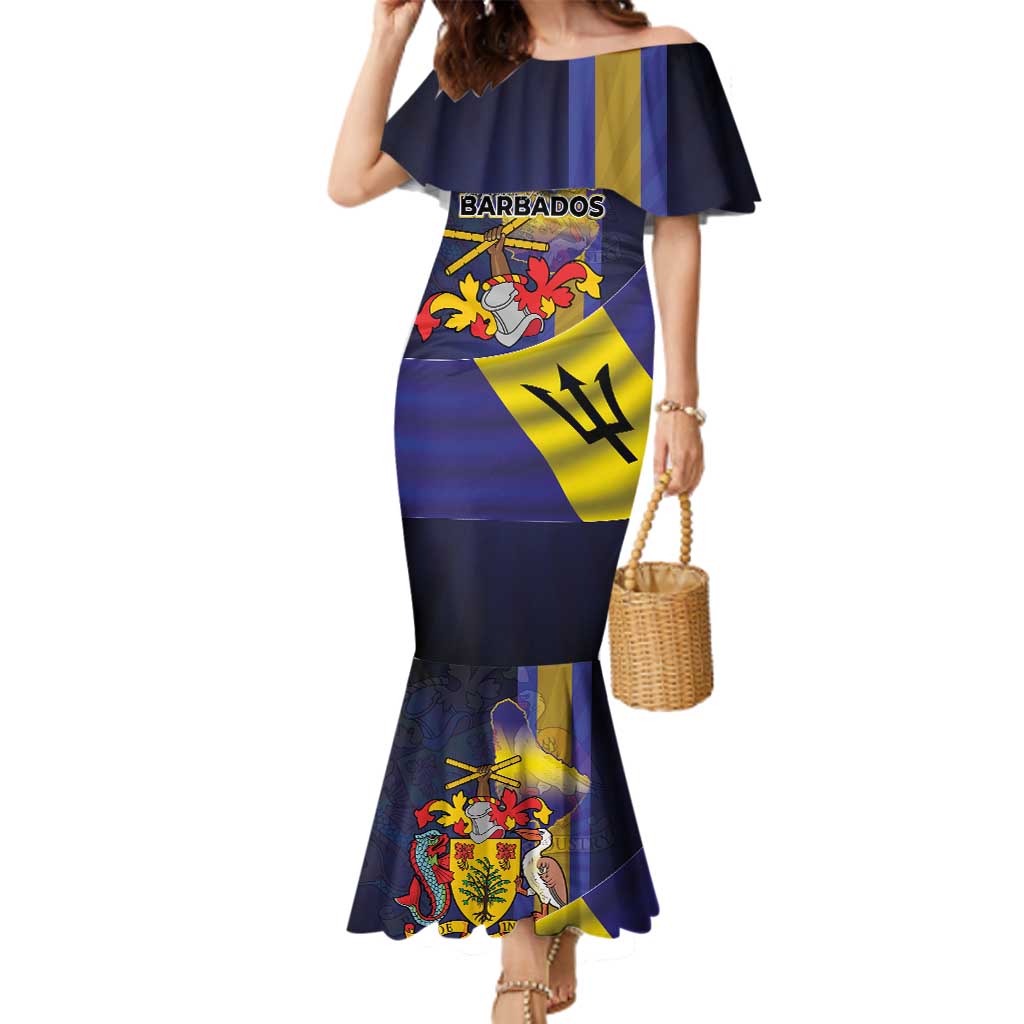 Barbados Independence Day Family Matching Mermaid Dress and Hawaiian Shirt Coat of Arms with Freedom Emblems - Wonder Print Shop