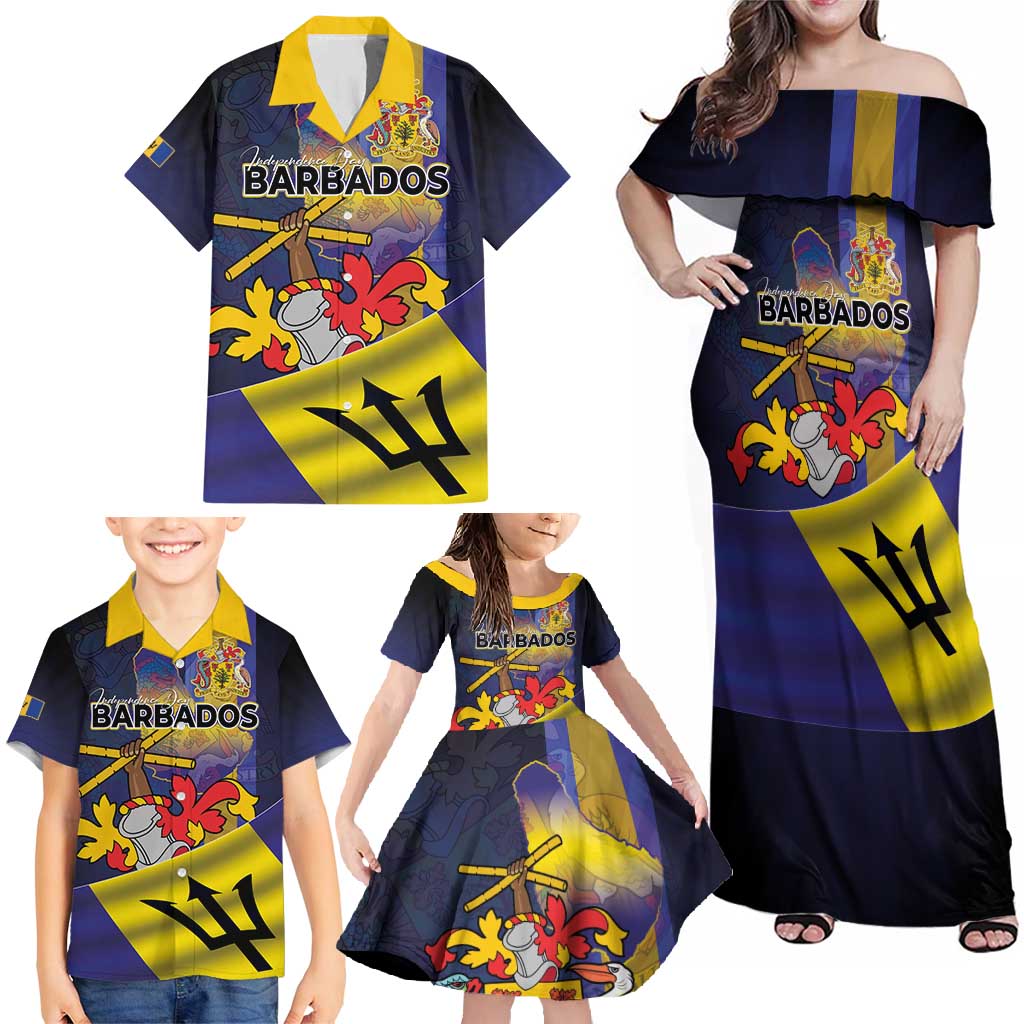 Barbados Independence Day Family Matching Off Shoulder Maxi Dress and Hawaiian Shirt Coat of Arms with Freedom Emblems - Wonder Print Shop