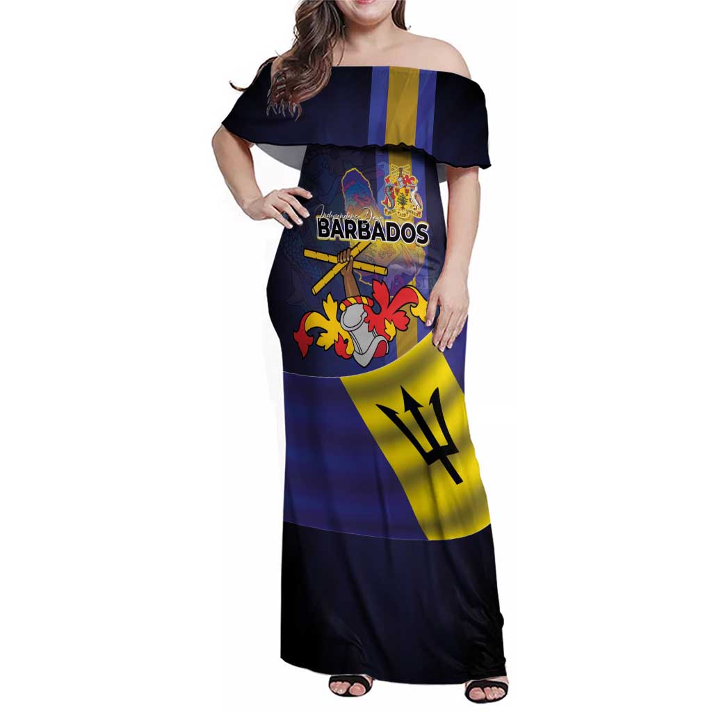Barbados Independence Day Family Matching Off Shoulder Maxi Dress and Hawaiian Shirt Coat of Arms with Freedom Emblems - Wonder Print Shop
