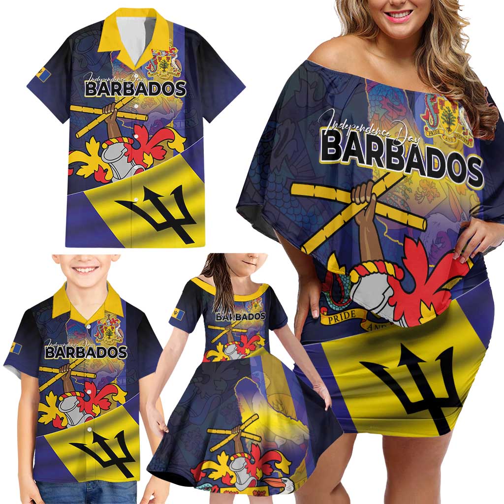 Barbados Independence Day Family Matching Off Shoulder Short Dress and Hawaiian Shirt Coat of Arms with Freedom Emblems - Wonder Print Shop