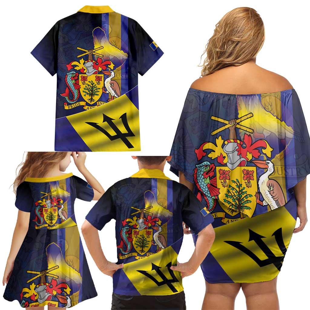 Barbados Independence Day Family Matching Off Shoulder Short Dress and Hawaiian Shirt Coat of Arms with Freedom Emblems - Wonder Print Shop