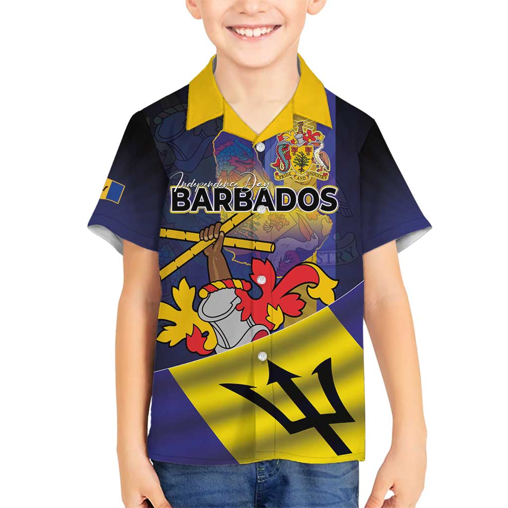 Barbados Independence Day Family Matching Off Shoulder Short Dress and Hawaiian Shirt Coat of Arms with Freedom Emblems - Wonder Print Shop