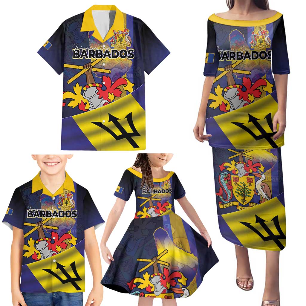 Barbados Independence Day Family Matching Puletasi and Hawaiian Shirt Coat of Arms with Freedom Emblems - Wonder Print Shop