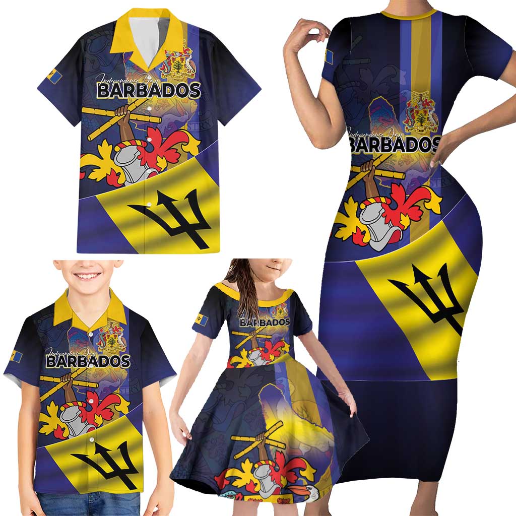 Barbados Independence Day Family Matching Short Sleeve Bodycon Dress and Hawaiian Shirt Coat of Arms with Freedom Emblems - Wonder Print Shop