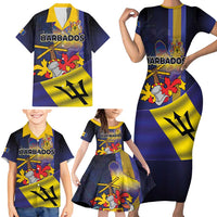 Barbados Independence Day Family Matching Short Sleeve Bodycon Dress and Hawaiian Shirt Coat of Arms with Freedom Emblems - Wonder Print Shop