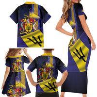 Barbados Independence Day Family Matching Short Sleeve Bodycon Dress and Hawaiian Shirt Coat of Arms with Freedom Emblems - Wonder Print Shop