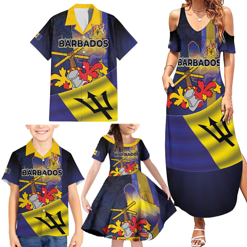Barbados Independence Day Family Matching Summer Maxi Dress and Hawaiian Shirt Coat of Arms with Freedom Emblems - Wonder Print Shop