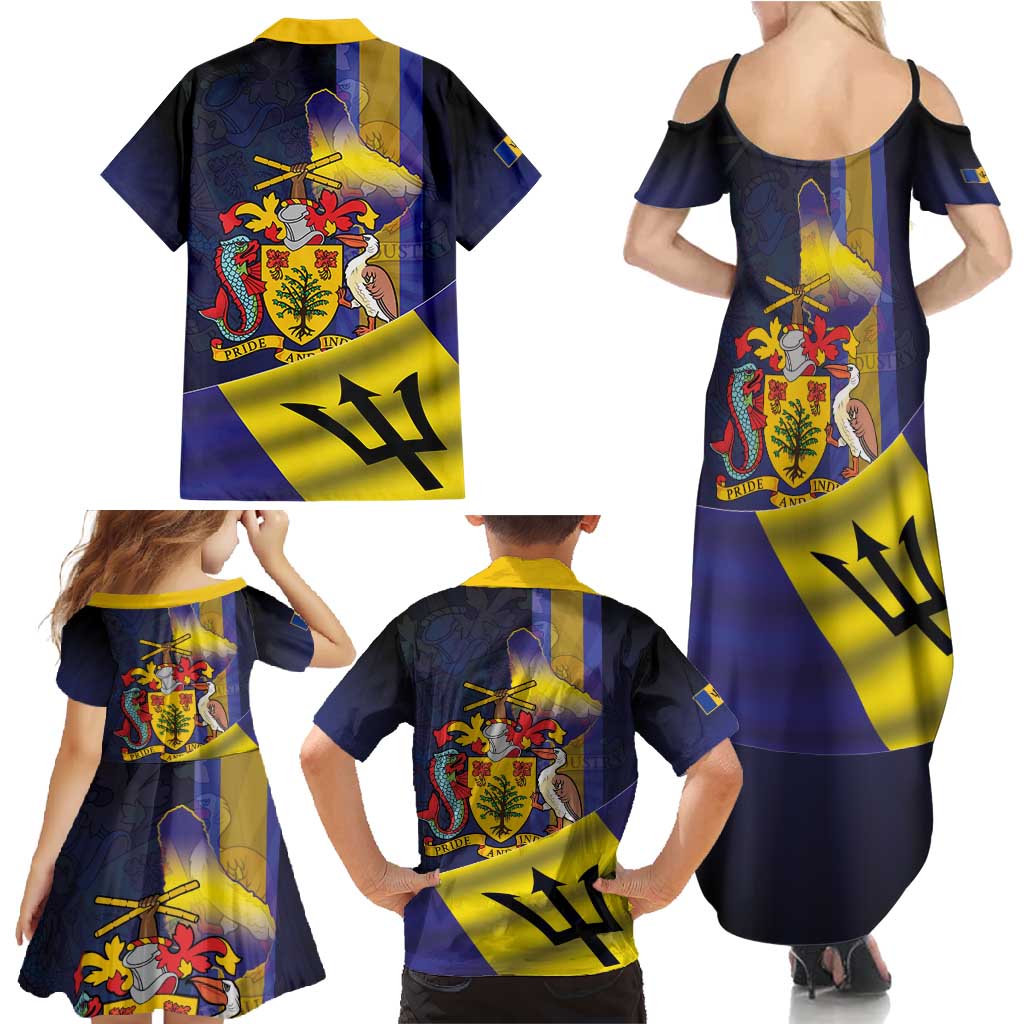 Barbados Independence Day Family Matching Summer Maxi Dress and Hawaiian Shirt Coat of Arms with Freedom Emblems - Wonder Print Shop