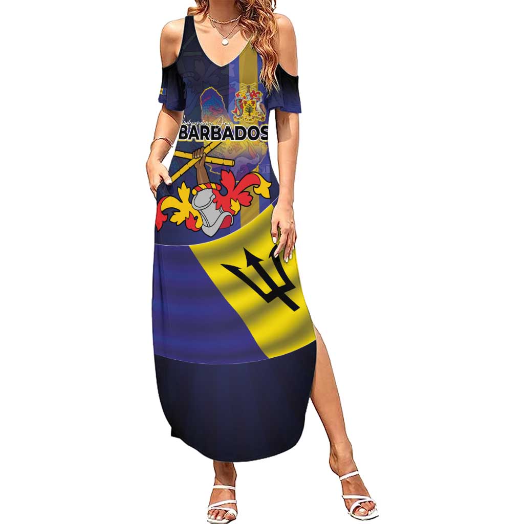 Barbados Independence Day Family Matching Summer Maxi Dress and Hawaiian Shirt Coat of Arms with Freedom Emblems - Wonder Print Shop