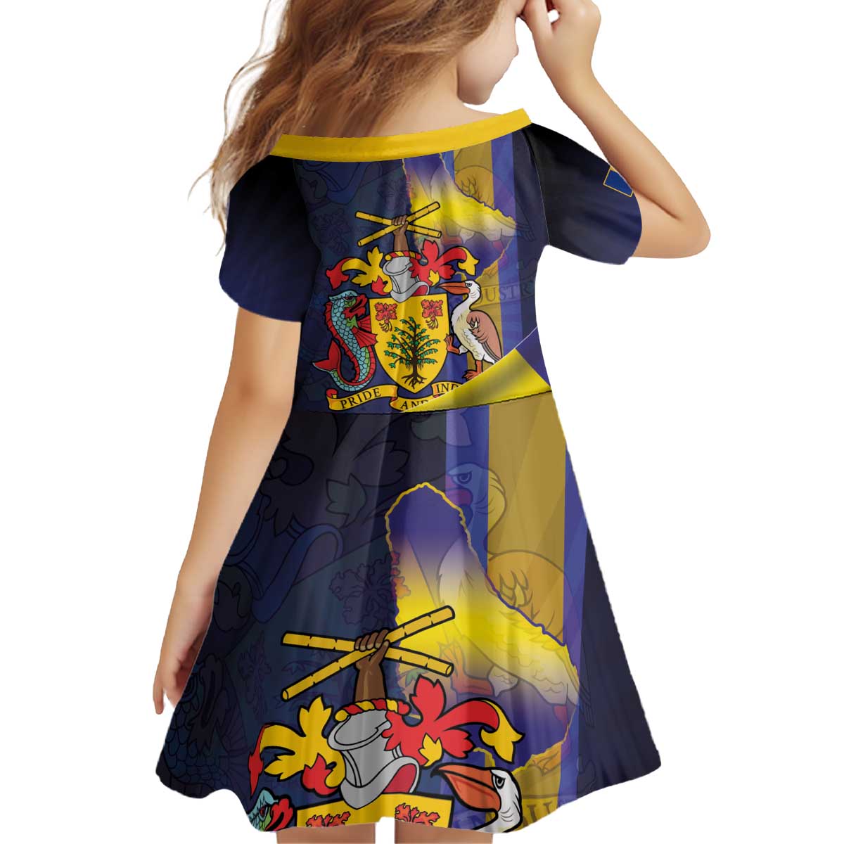 Barbados Independence Day Kid Short Sleeve Dress Coat of Arms with Freedom Emblems - Wonder Print Shop