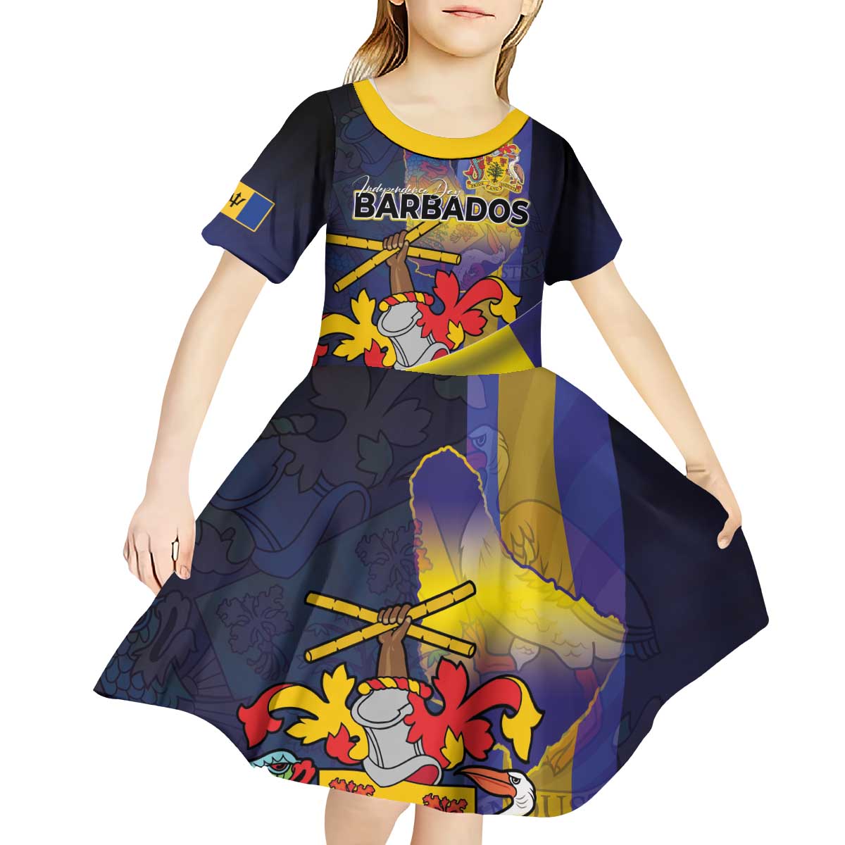Barbados Independence Day Kid Short Sleeve Dress Coat of Arms with Freedom Emblems - Wonder Print Shop