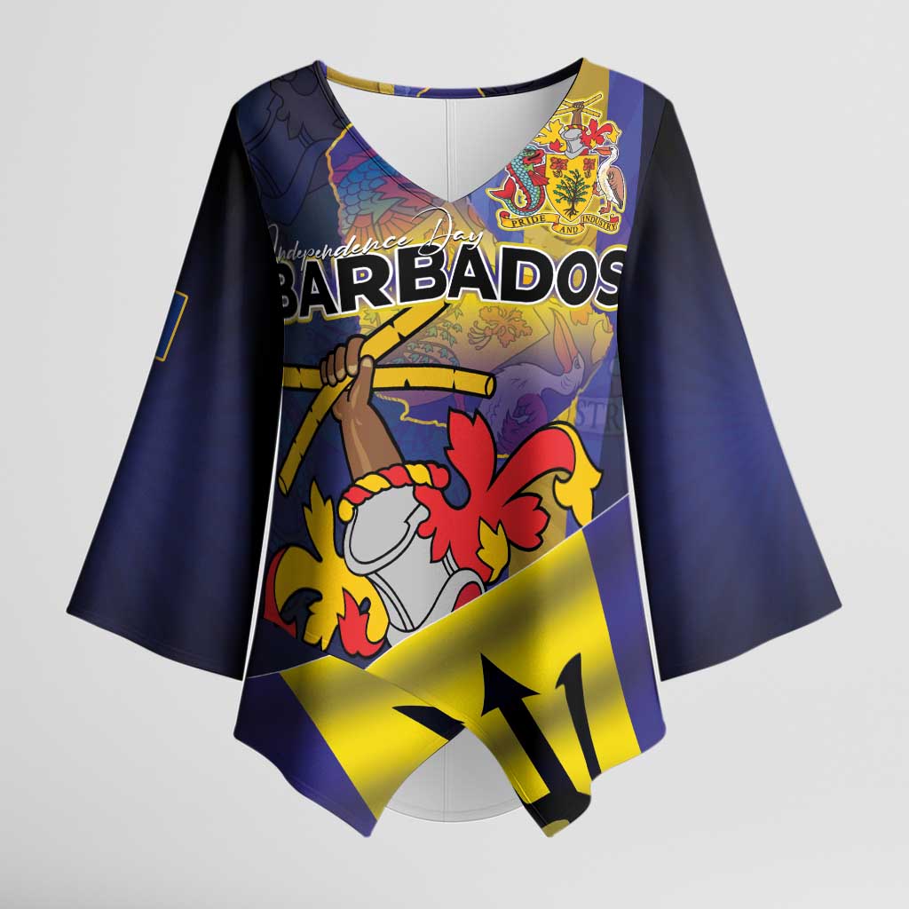 Barbados Independence Day Kimono Sleeve Blouse Coat of Arms with Freedom Emblems - Wonder Print Shop