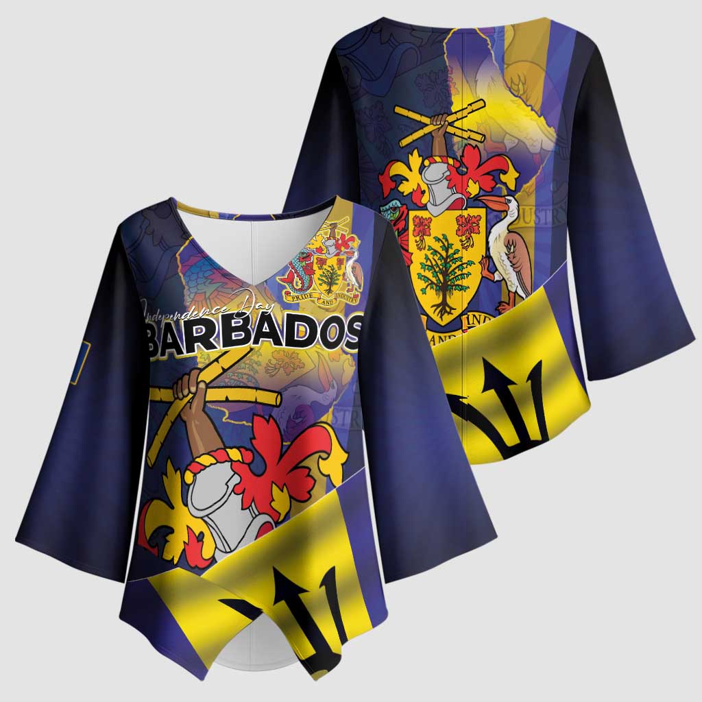 Barbados Independence Day Kimono Sleeve Blouse Coat of Arms with Freedom Emblems - Wonder Print Shop