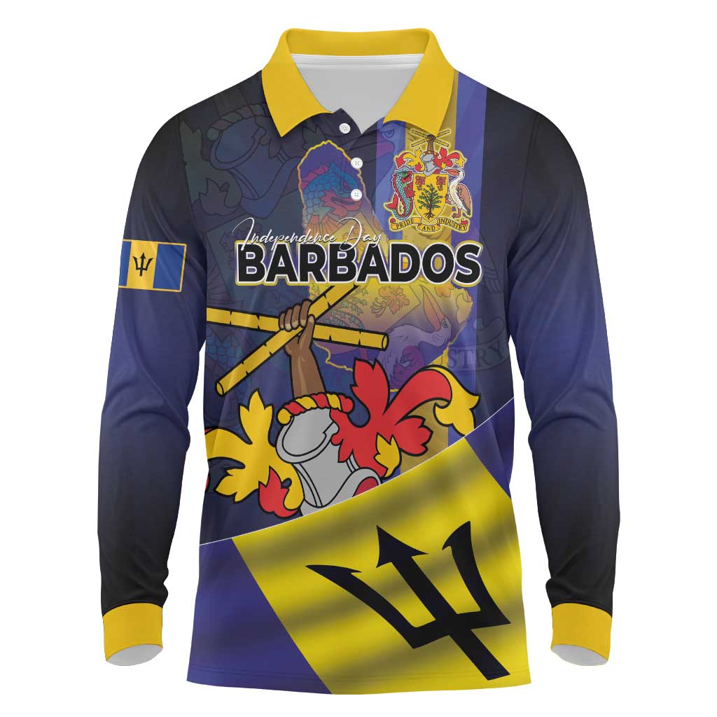 Barbados Independence Day Long Sleeve Polo Shirt Coat of Arms with Freedom Emblems - Wonder Print Shop