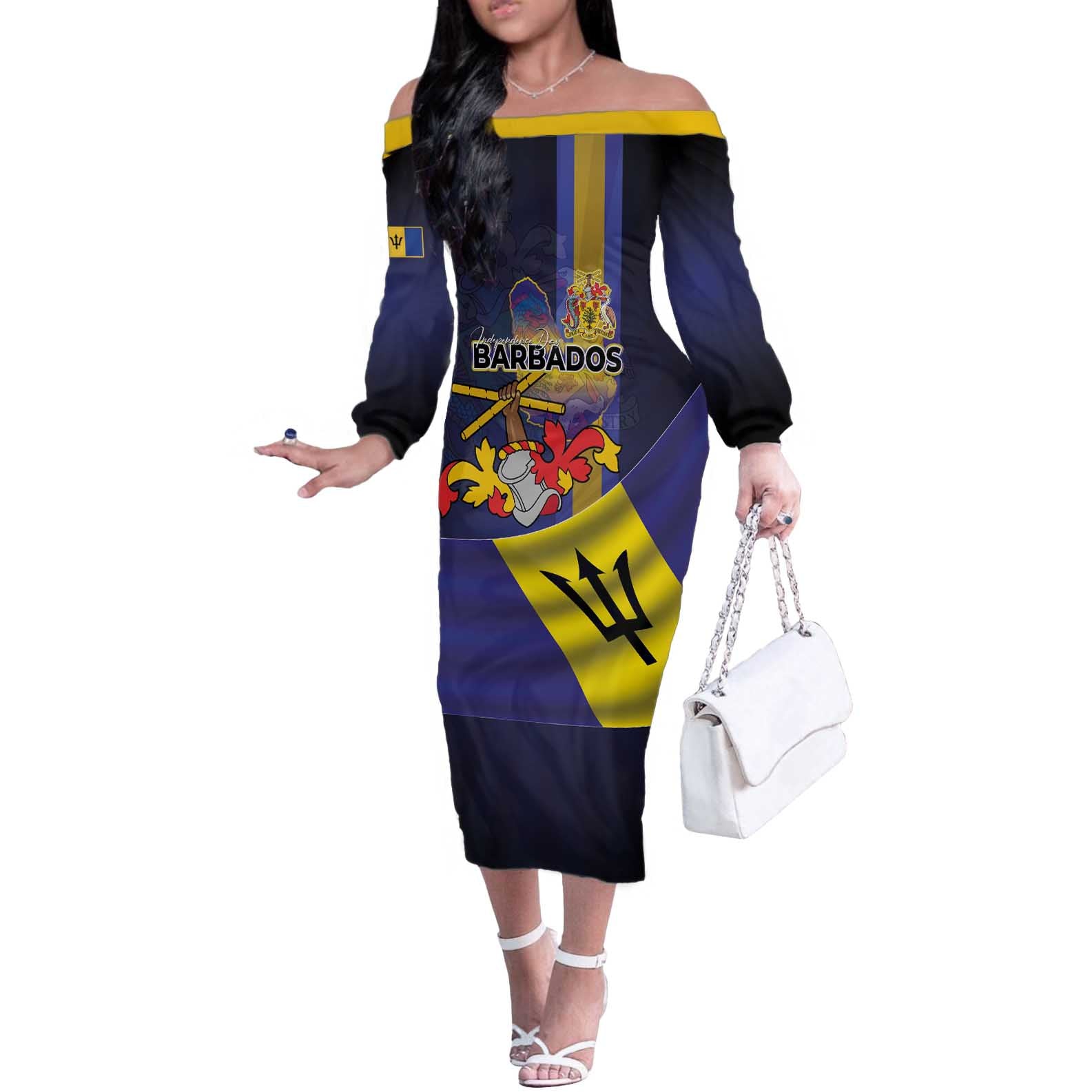 Barbados Independence Day Off The Shoulder Long Sleeve Dress Coat of Arms with Freedom Emblems - Wonder Print Shop