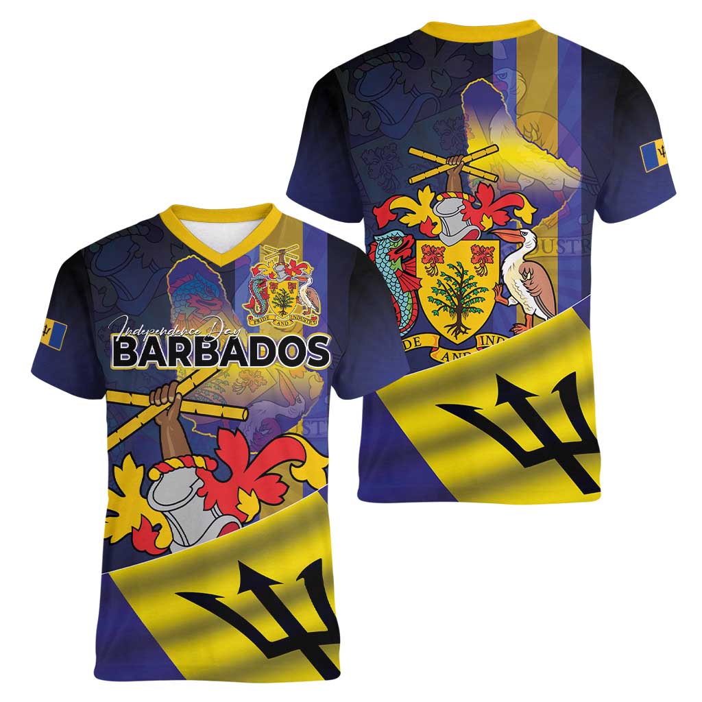 Barbados Independence Day Women V-Neck T-Shirt Coat of Arms with Freedom Emblems - Wonder Print Shop