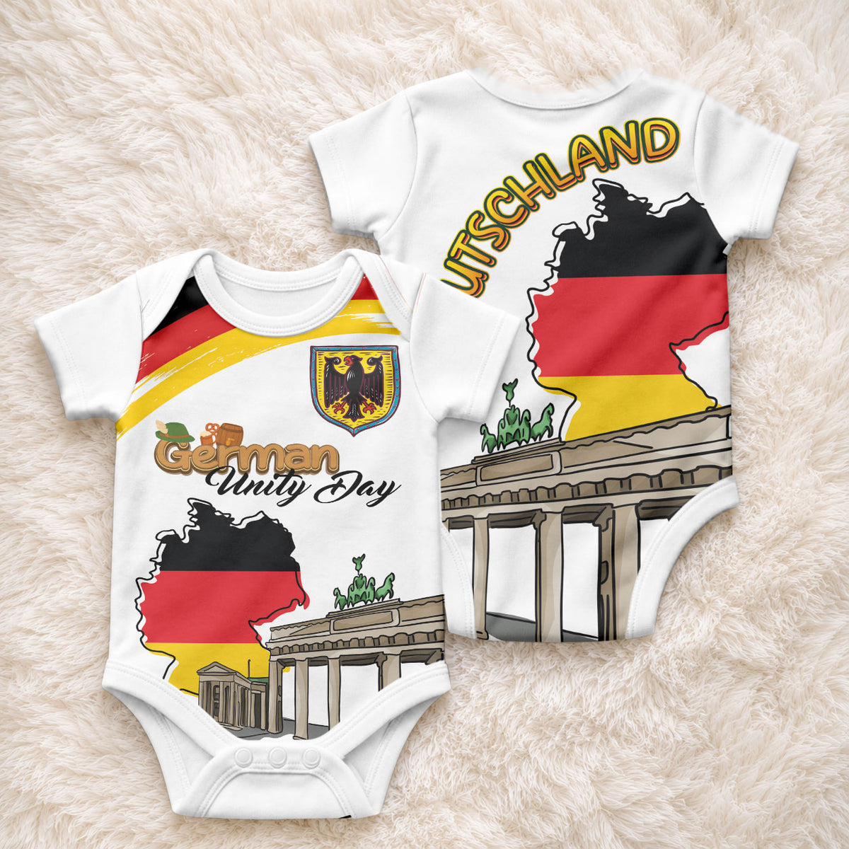 German Unity Day Baby Onesie Deutschland-Brandenburg Gate with Map