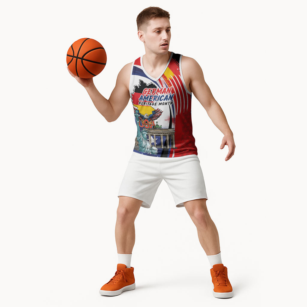 German American Heritage Month Basketball Jersey USA Bald Eagle with Brandenburg Gate