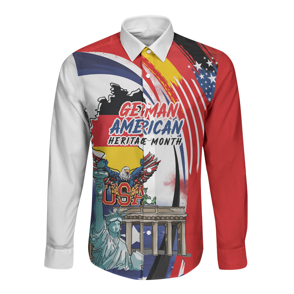 German American Heritage Month Long Sleeve Button Shirt USA Bald Eagle with Brandenburg Gate