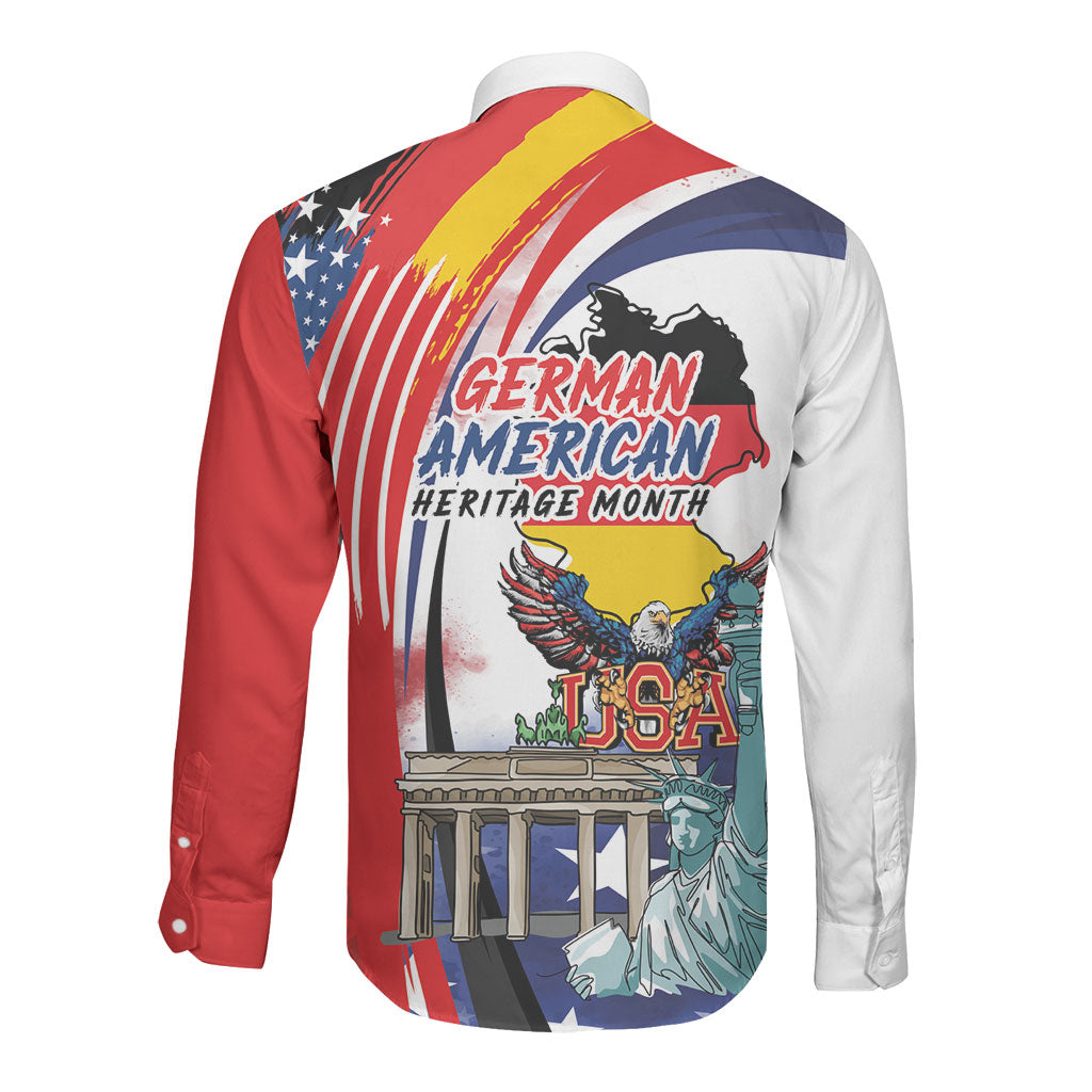 German American Heritage Month Long Sleeve Button Shirt USA Bald Eagle with Brandenburg Gate