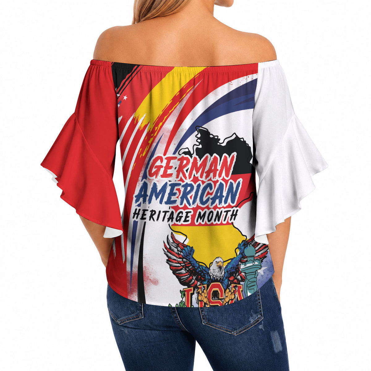 German American Heritage Month Off Shoulder Wrap Waist Top USA Bald Eagle with Brandenburg Gate