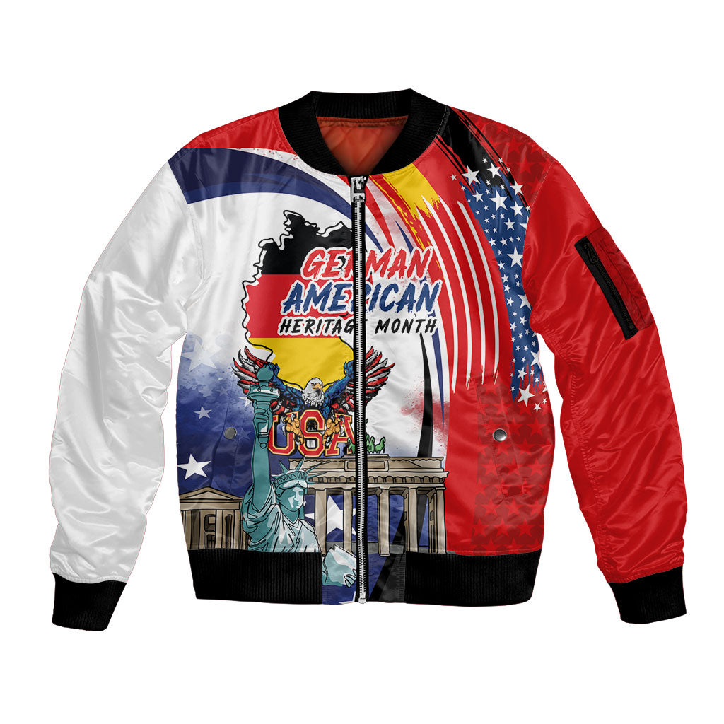 German American Heritage Month Sleeve Zip Bomber Jacket USA Bald Eagle with Brandenburg Gate
