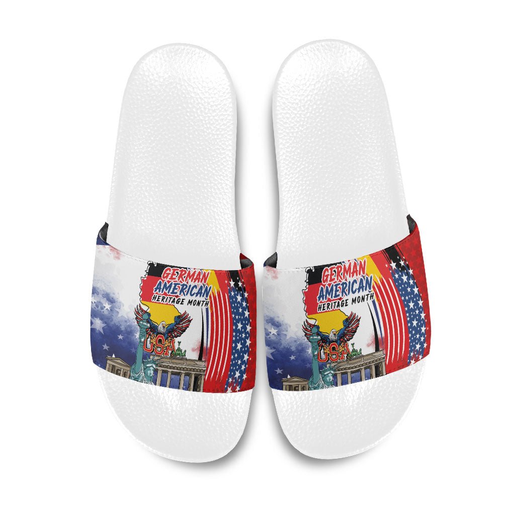 German American Heritage Month Slide Sandals USA Bald Eagle with Brandenburg Gate