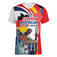 German American Heritage Month Women V-Neck T-Shirt USA Bald Eagle with Brandenburg Gate