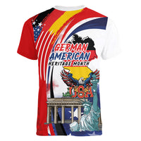 German American Heritage Month Women V-Neck T-Shirt USA Bald Eagle with Brandenburg Gate