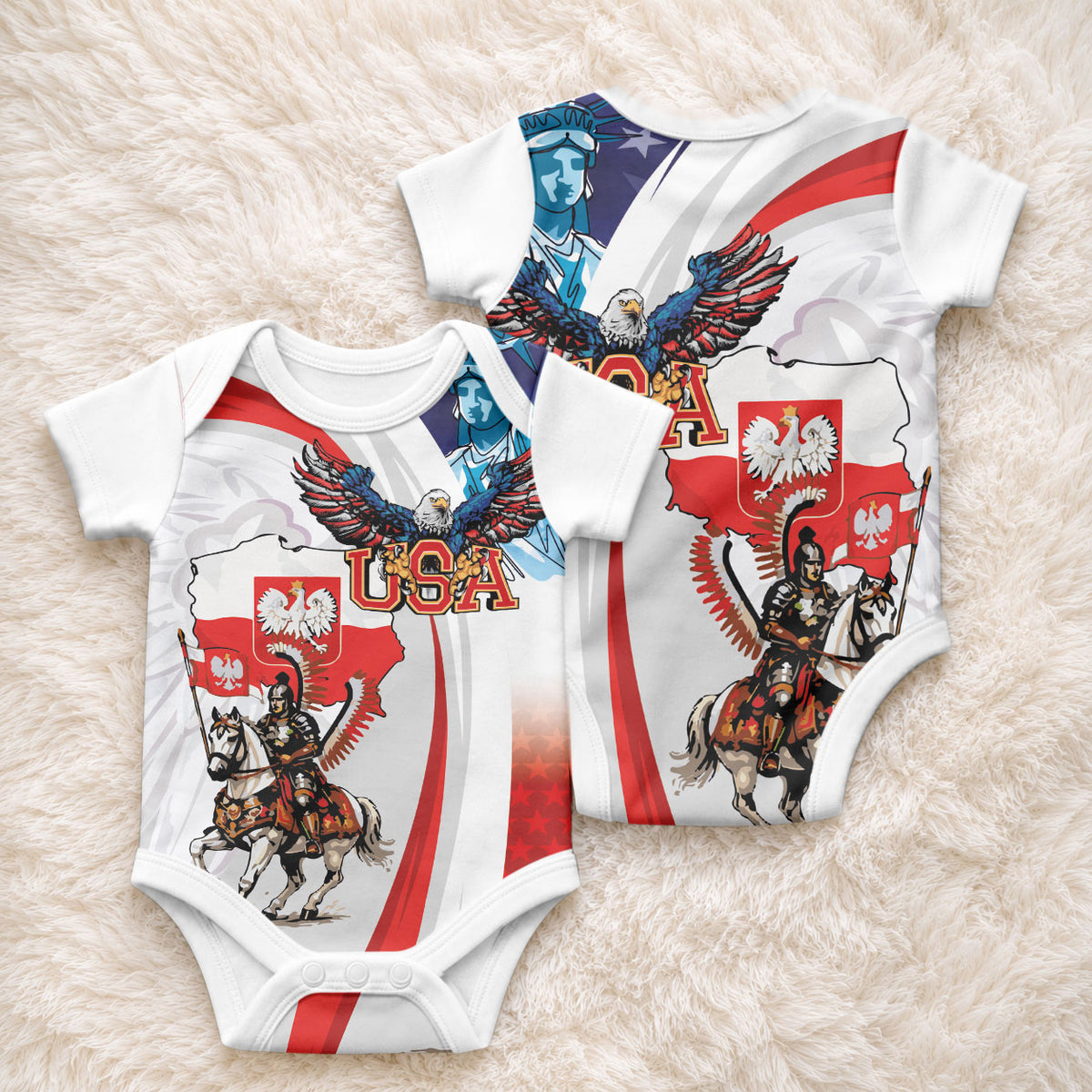 Polish American Heritage Month Baby Onesie Winged Hussar with USA Bald Eagle