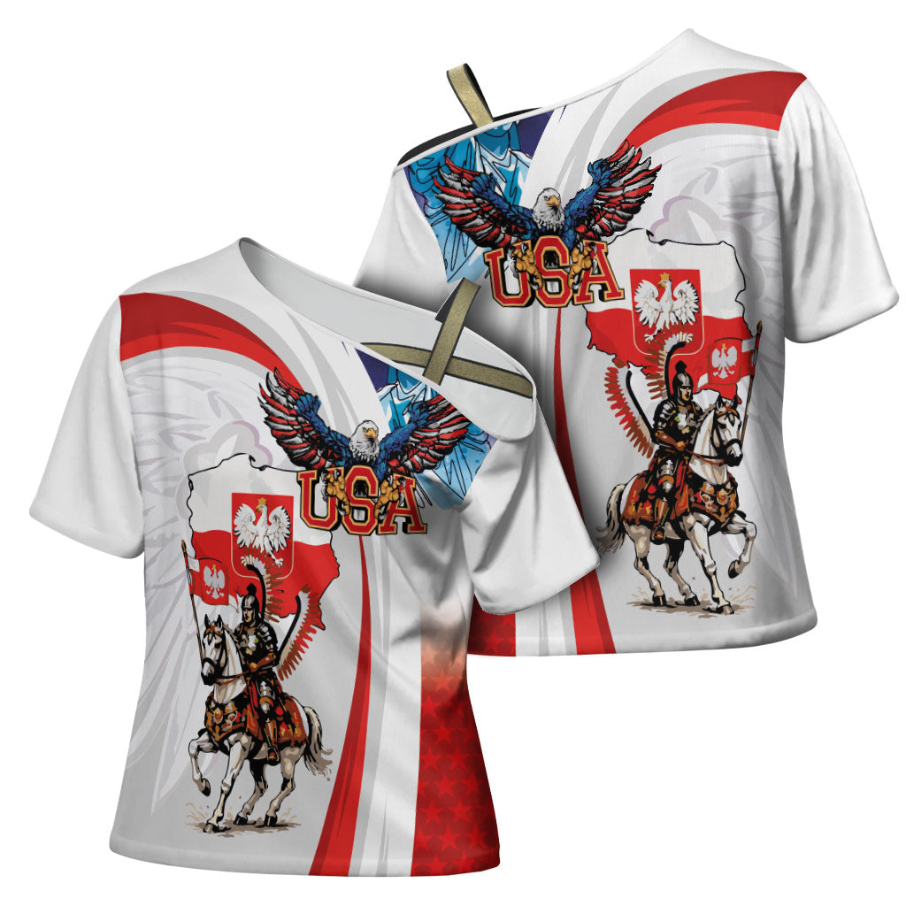 Polish American Heritage Month Cross Shoulder Shirt Winged Hussar with USA Bald Eagle