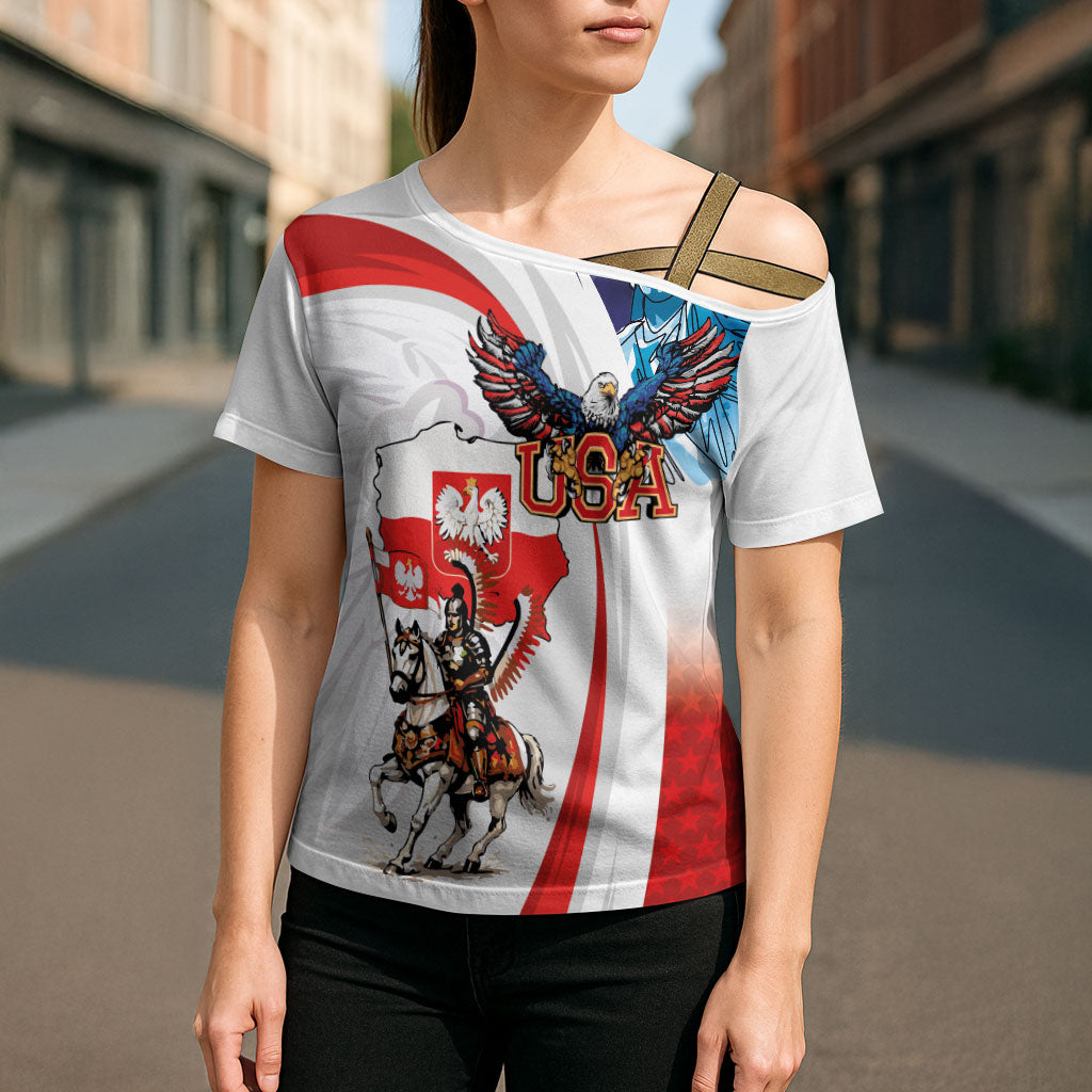 Polish American Heritage Month Cross Shoulder Shirt Winged Hussar with USA Bald Eagle