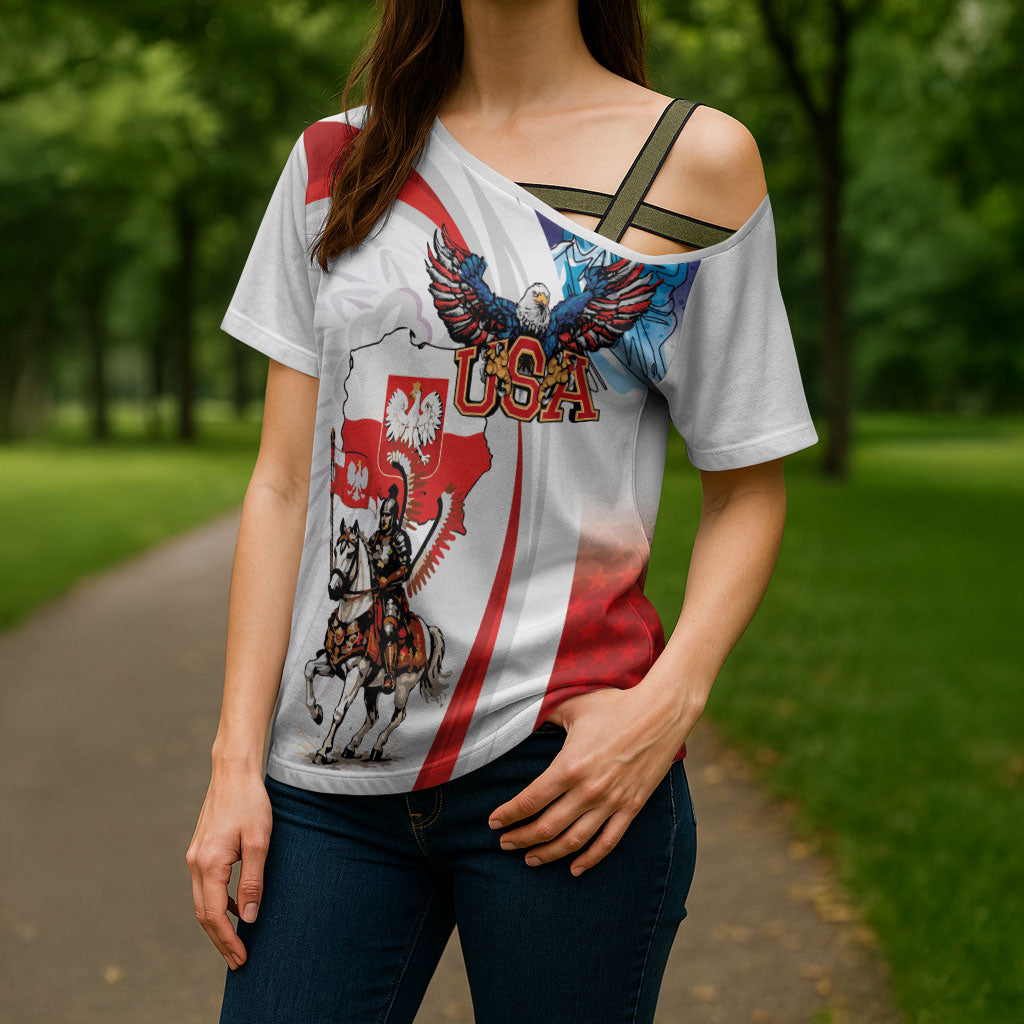Polish American Heritage Month Cross Shoulder Shirt Winged Hussar with USA Bald Eagle