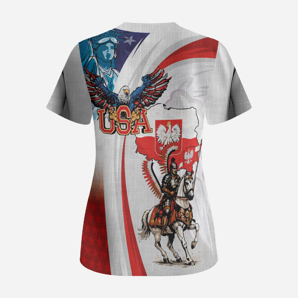 Polish American Heritage Month Scrub Top Winged Hussar with USA Bald Eagle