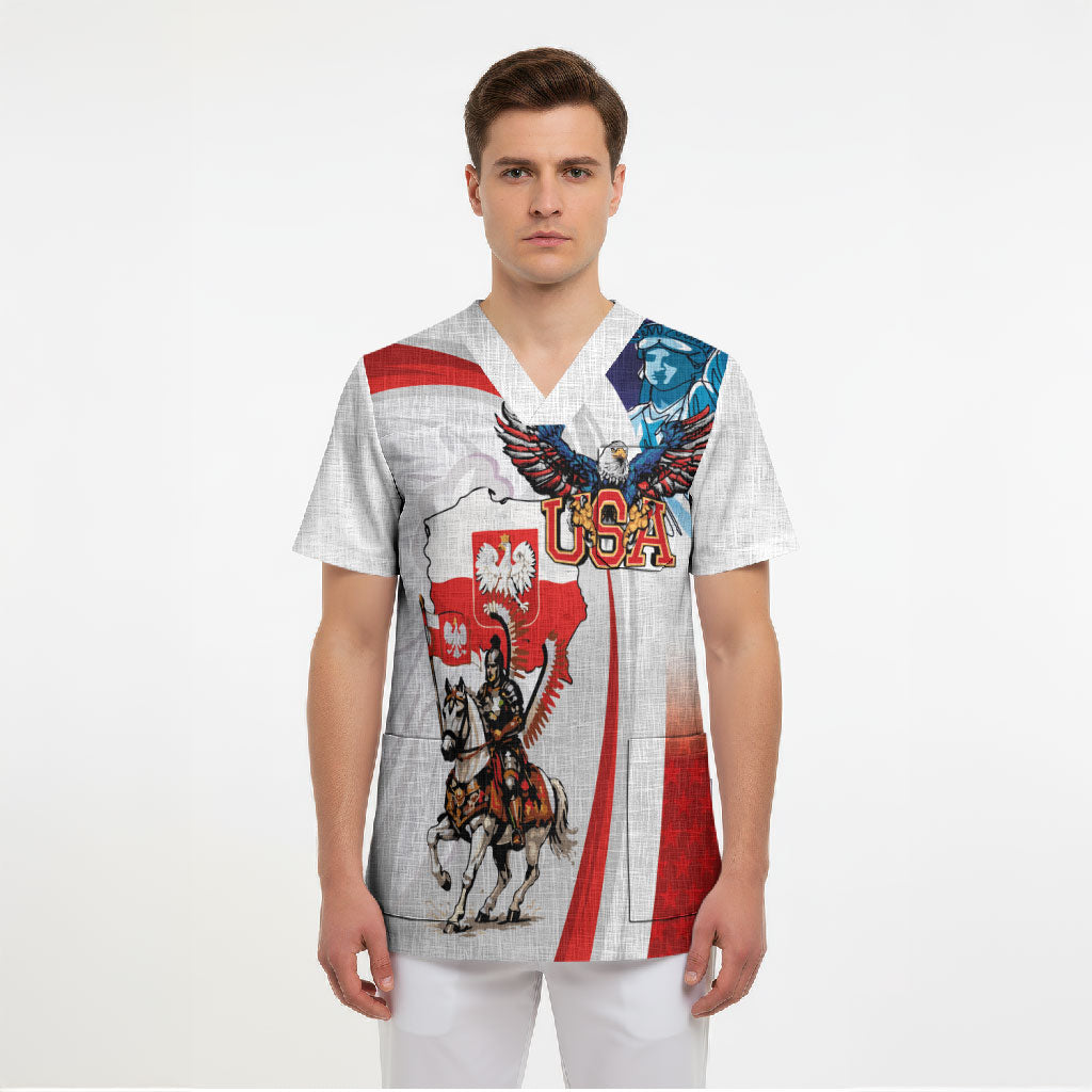 Polish American Heritage Month Scrub Top Winged Hussar with USA Bald Eagle