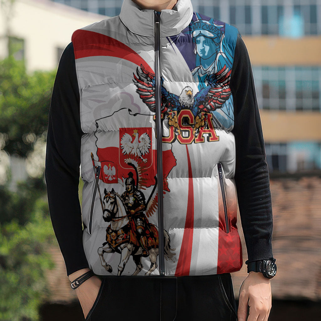 Polish American Heritage Month Sleeveless Puffer Jacket Winged Hussar with USA Bald Eagle
