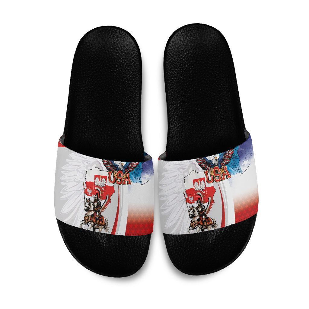 Polish American Heritage Month Slide Sandals Winged Hussar with USA Bald Eagle