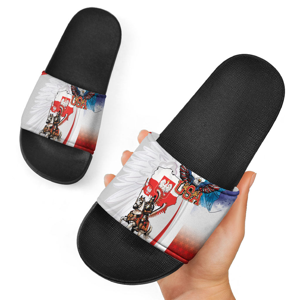 Polish American Heritage Month Slide Sandals Winged Hussar with USA Bald Eagle