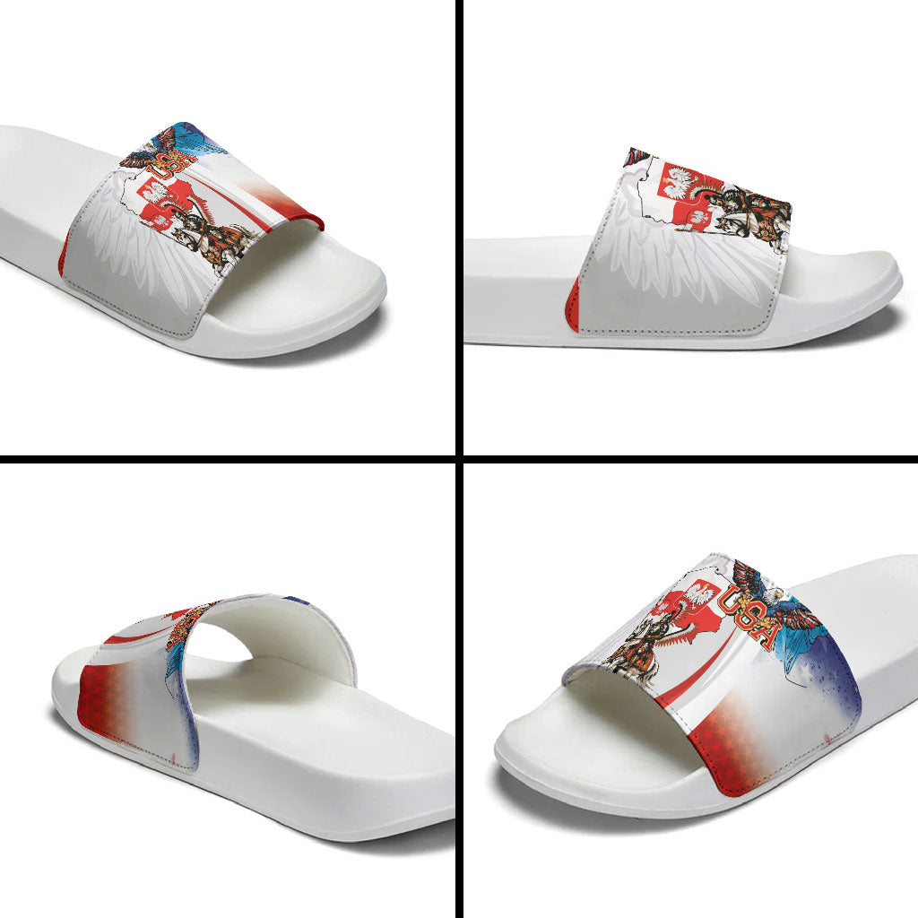 Polish American Heritage Month Slide Sandals Winged Hussar with USA Bald Eagle