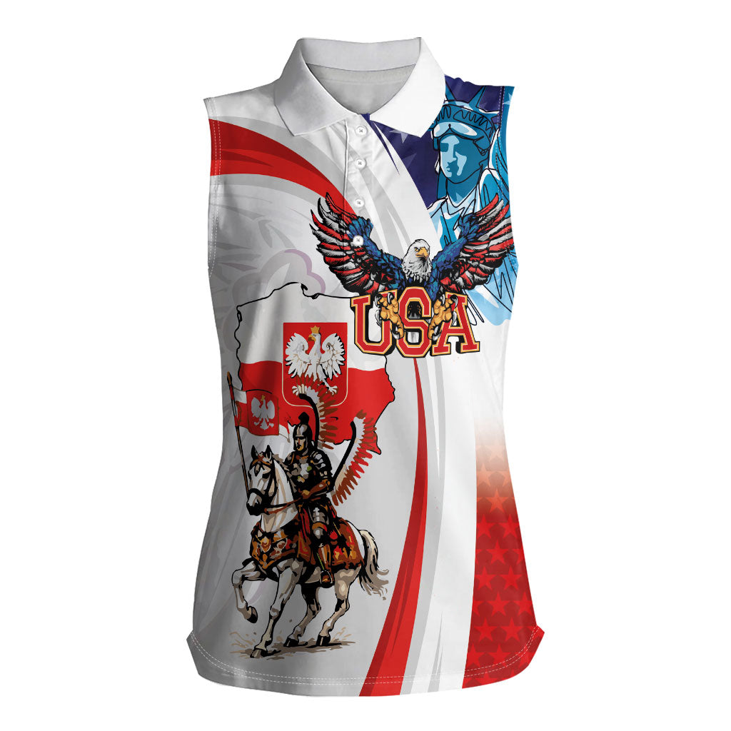 Polish American Heritage Month Women Sleeveless Polo Shirt Winged Hussar with USA Bald Eagle